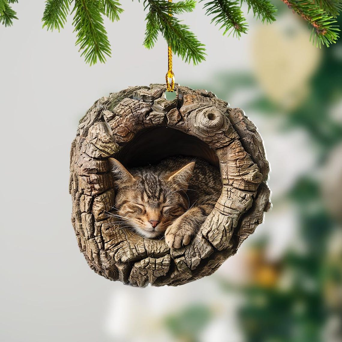 Cat Sleeping in a Hollow Tree Christmas Ornament, Cat Rearview Mirror Car Ornament