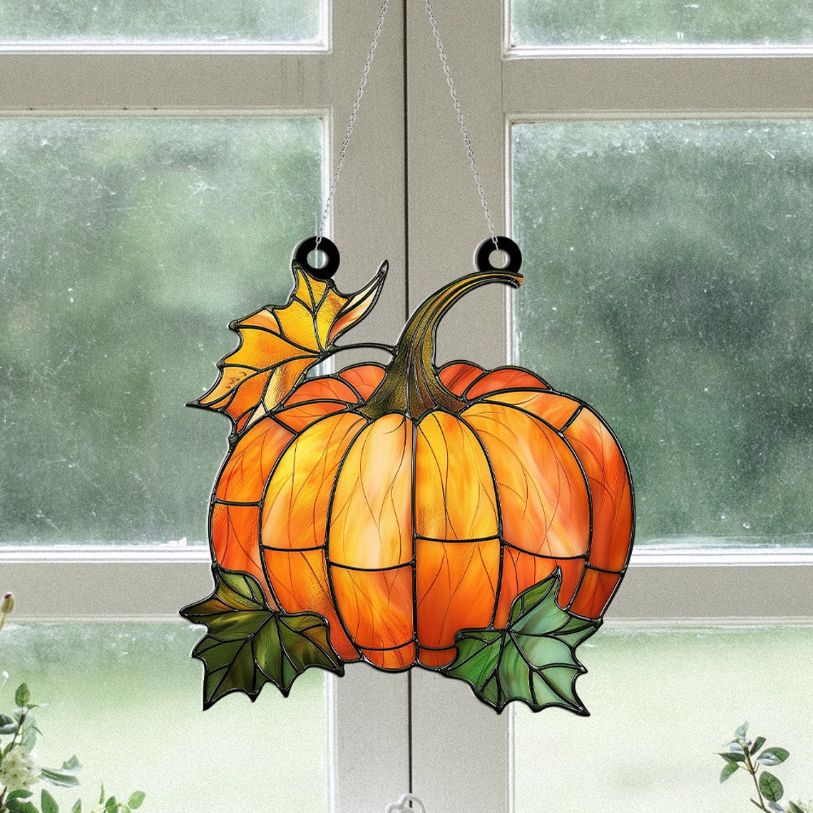 Pumpkin and Leaves Fall Suncatcher Ornament, Pumpkin Autumn Ornament