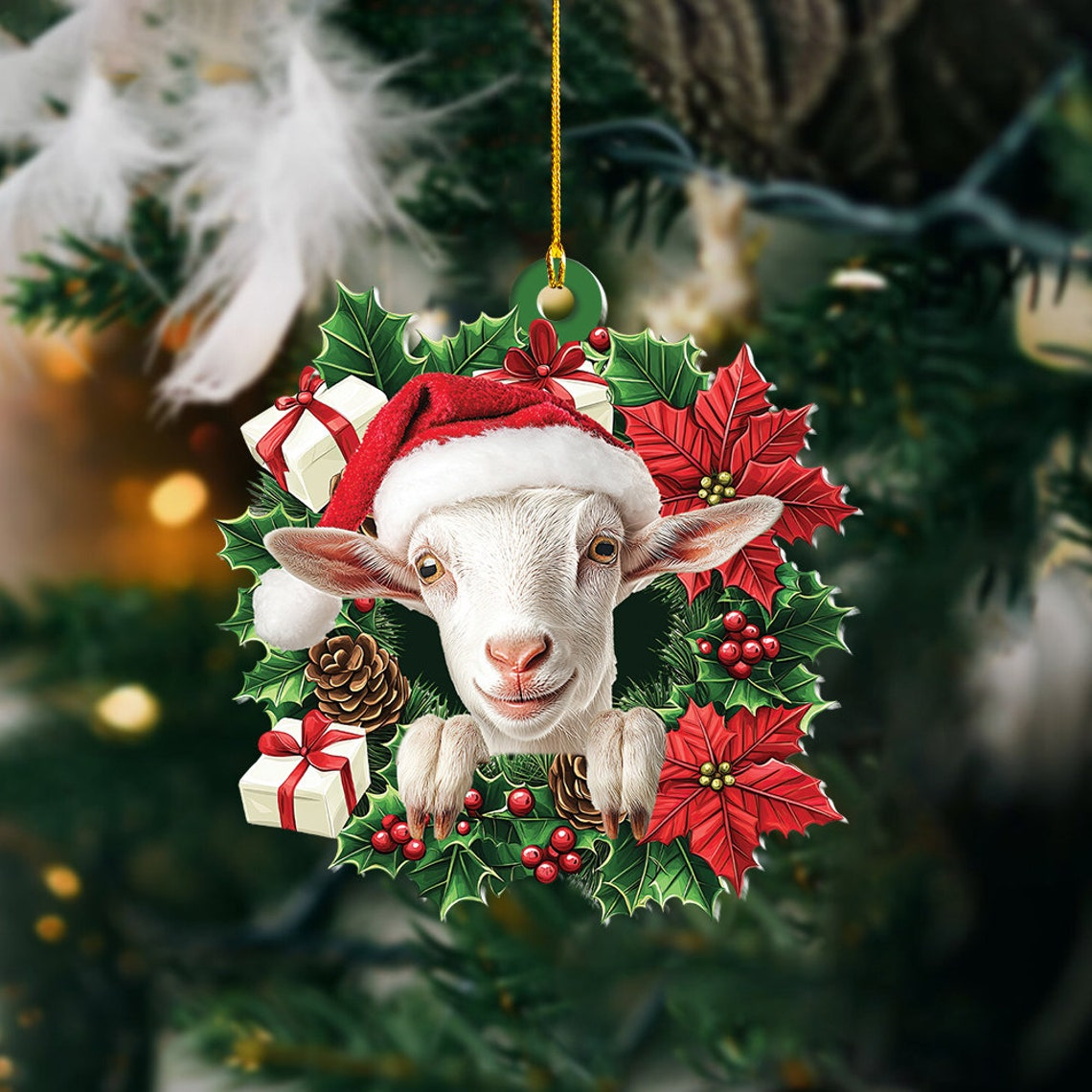 Cute White Goat Christmas Wreath Ornament, Ornament Goat Christmas Tree Lovers Holiday Gift