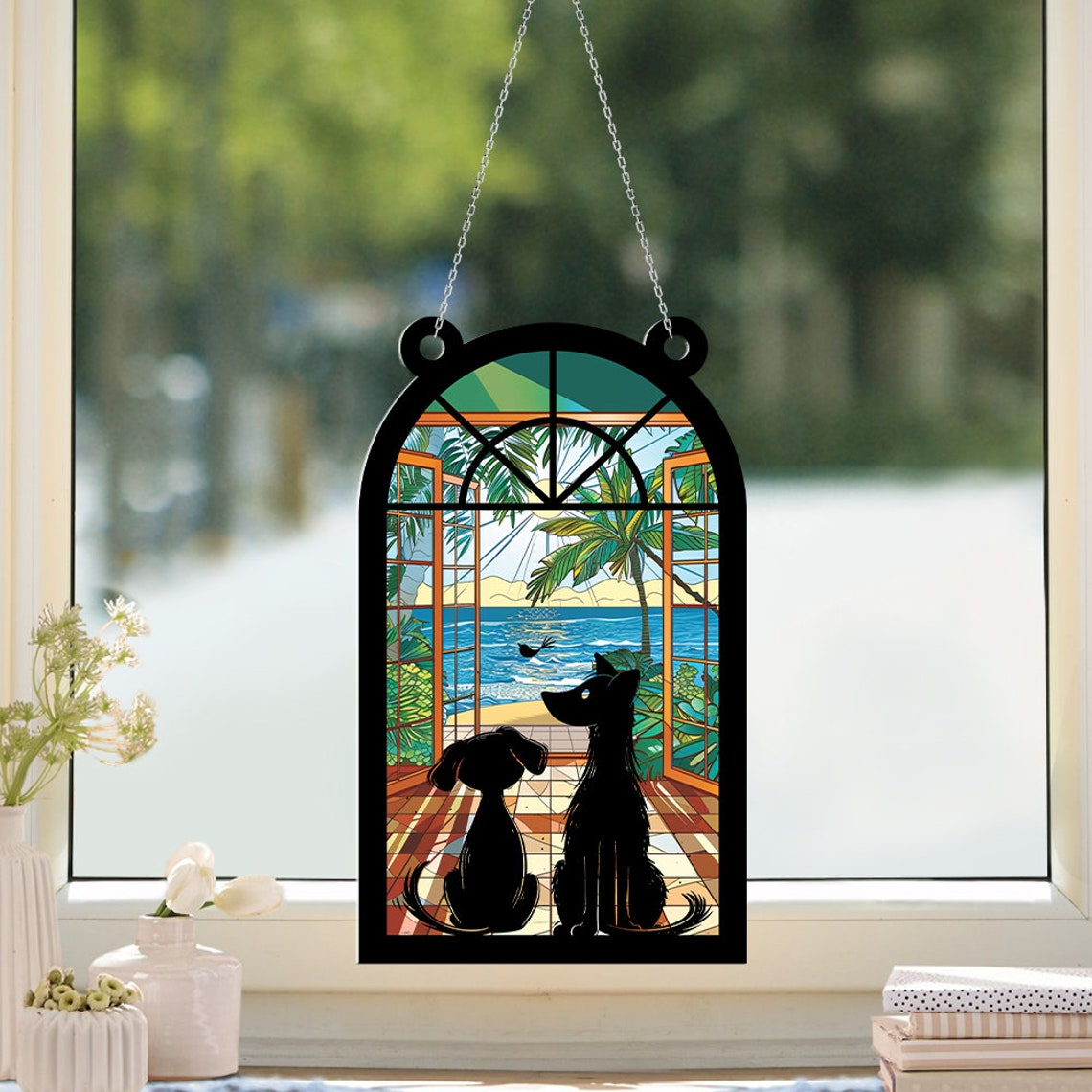 Cats and Dog Funny Suncatcher Ornament, Cats and Dog Window Hanging Ornament Decor