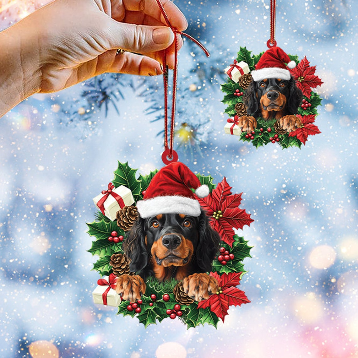 Gordon Setter Dog Christmas Wreath Ornament, Gordon Setter Dog Christmas Ornament