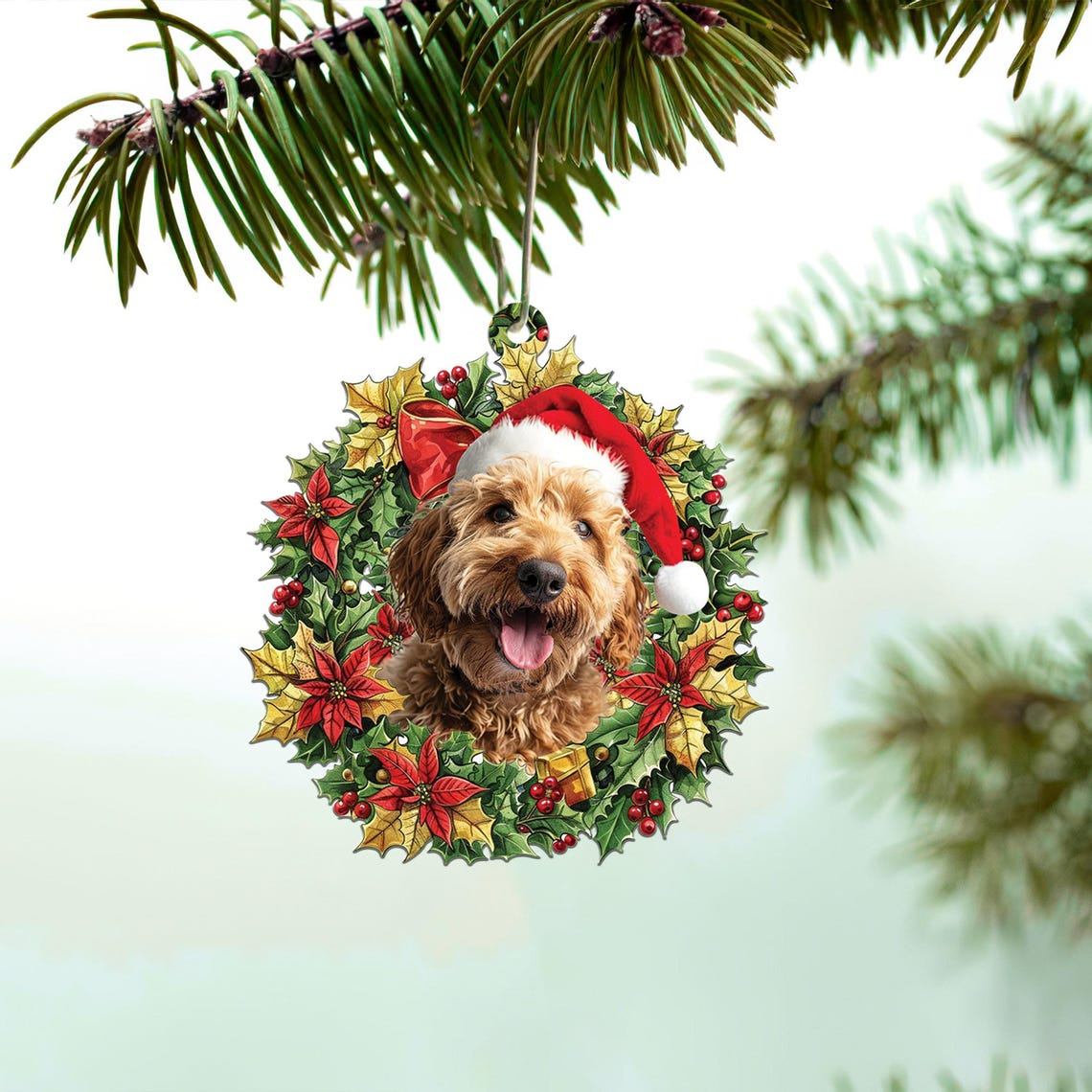 Goldendoodle and Christmas Wreath Ornament, Christmas Dog Ornament Decor Holiday