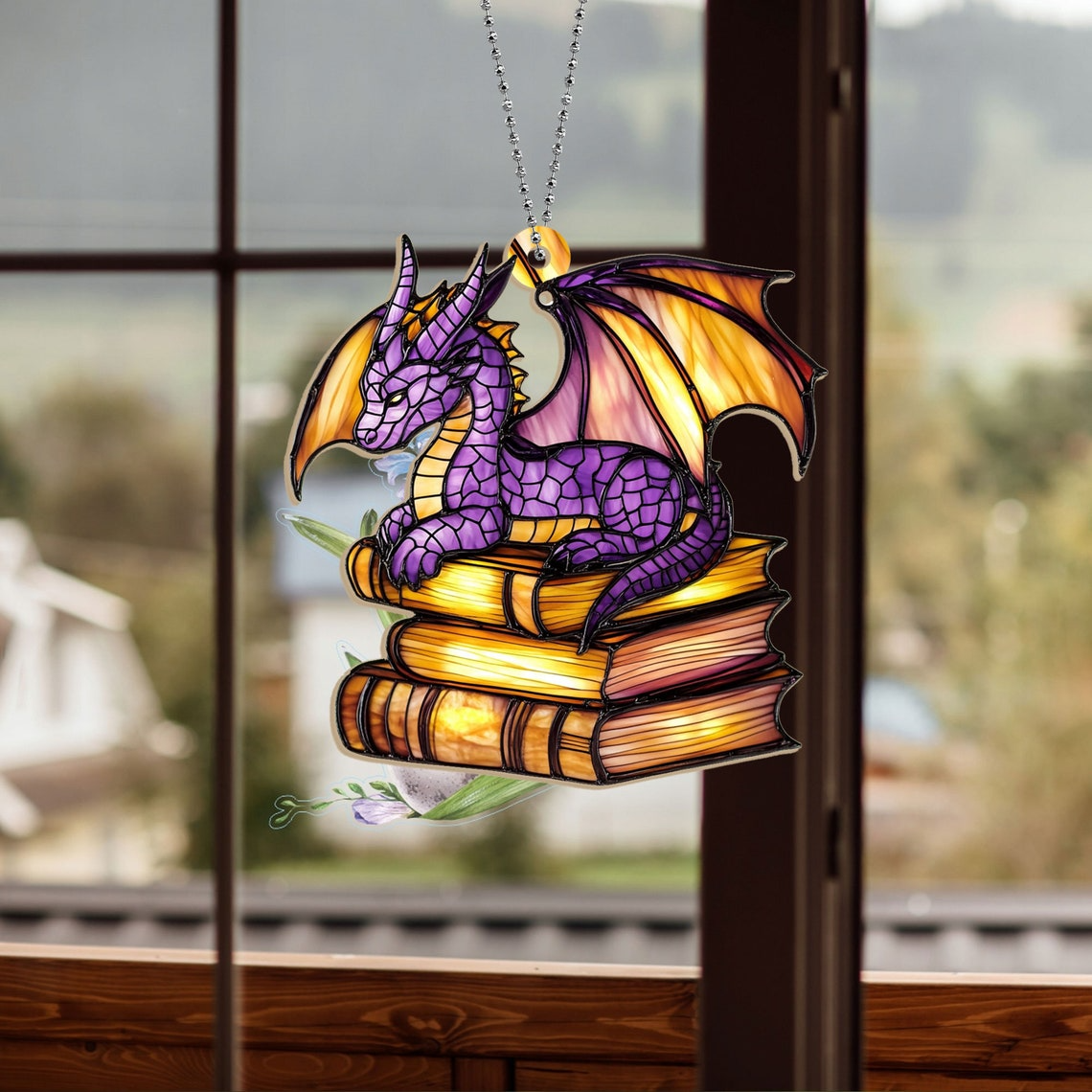 Book Dragon Purple Suncatcher Ornament, Fantasy Dragon Window Ornament