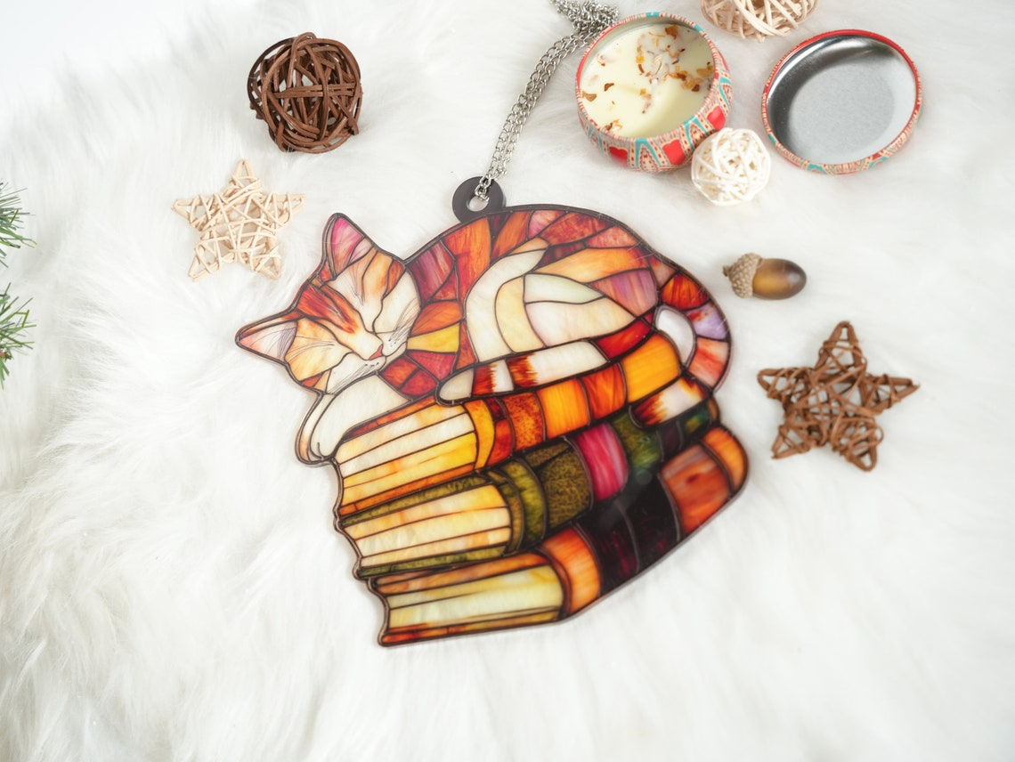 Cat Sleeping on Books Window Hanging Suncatcher, Cute Cat and Books Hanging Decor Gift