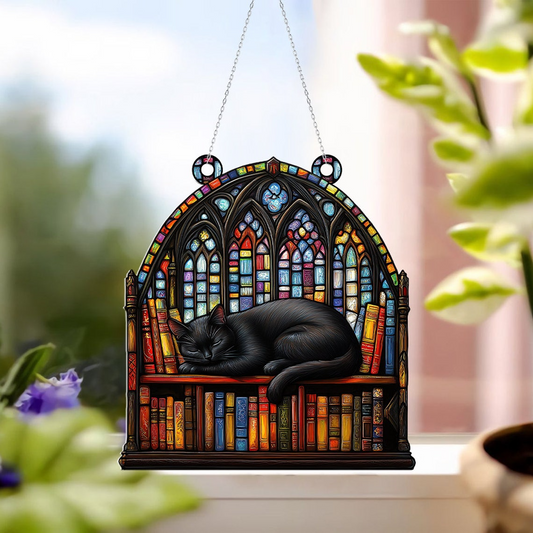 Cat Sleeping on Bookcase Suncatcher, Cat Sleeping on Books Hanging Window Decor