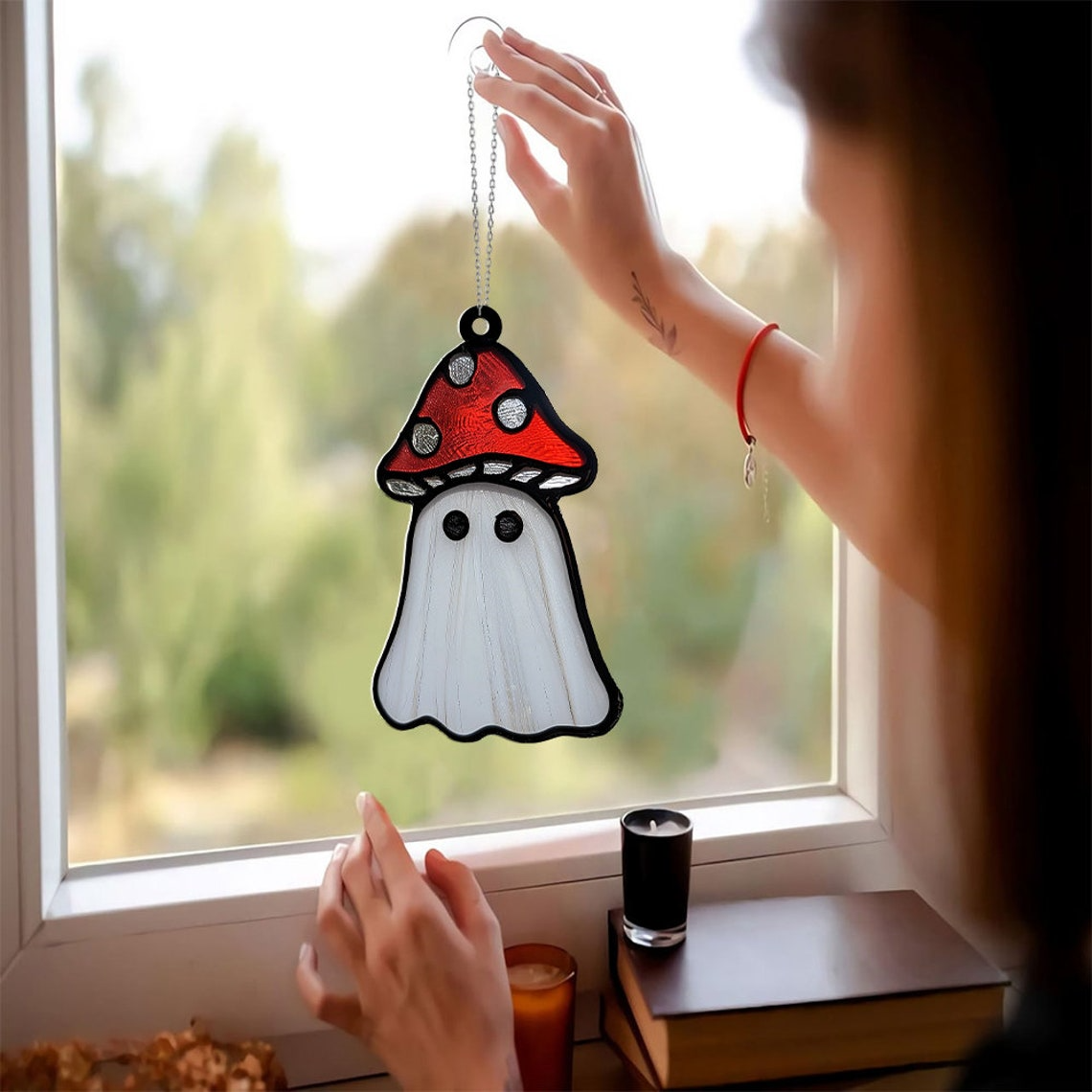 Cute Ghost With Mushroom Suncatcher, Halloween Vintage Ghost Ornament Decor