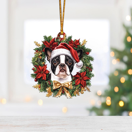 Boston Terrier Dog Christmas Wreath Ornament, Christmas Boston Terrier Tree Ornament Decro Gift