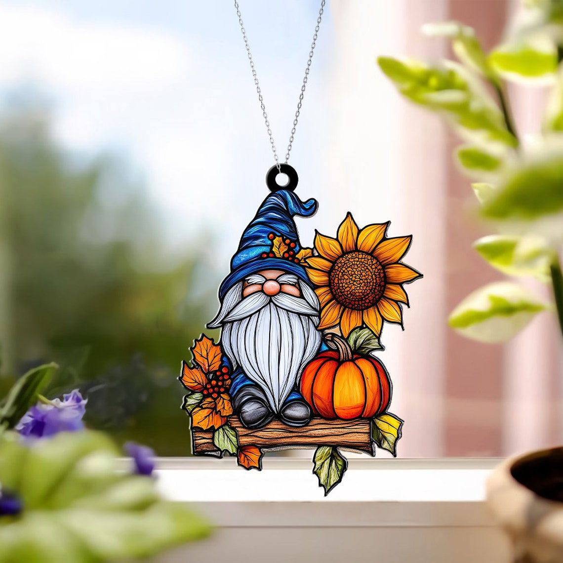 Gnome Sitting on a Pumpkin Log Suncatcher, Gnome Pumpkin Hanging Ornament Home Decor