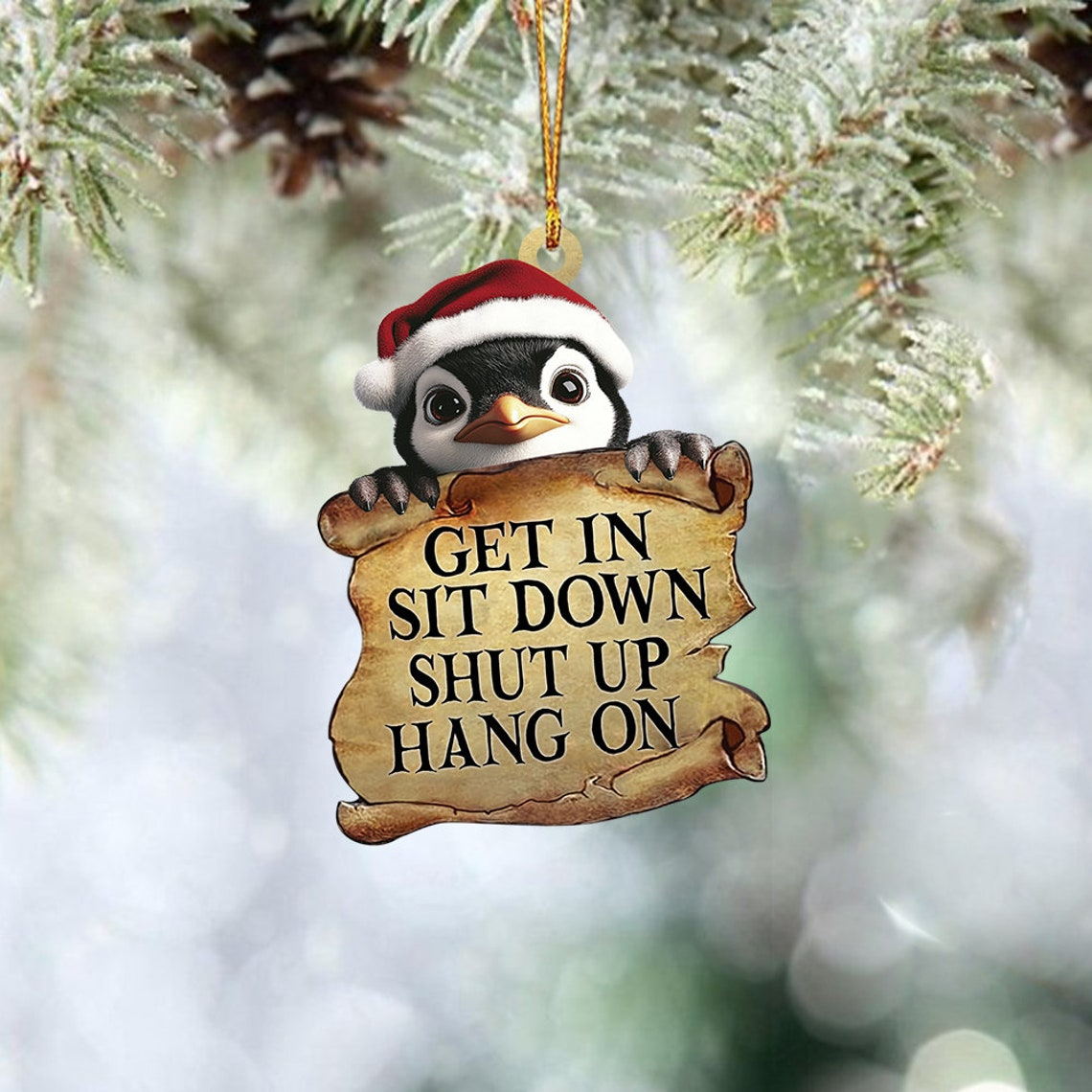 Penguin Get In Sit Down Shut Up Hang On Ornament, Penguin Flat Car Hanging Ornament Decor