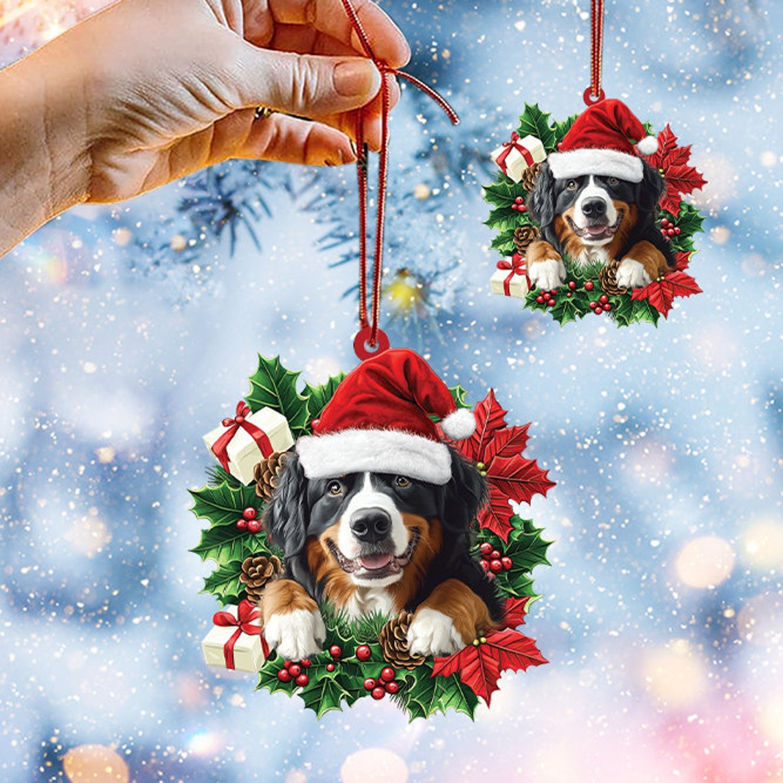 Bernese Mountain Dog Christmas Wreath Ornament, Cute Dog Hanging Christmas Ornament Decor Gift