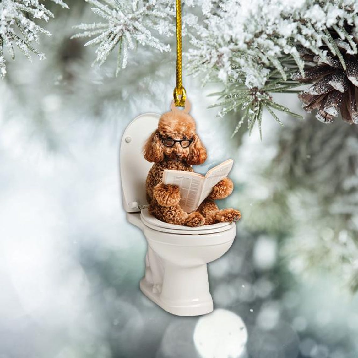 Funny Poodle Dog Sitting On Toilet Ornament, Poodle Dog Reading Newspaper Ornament Christmas