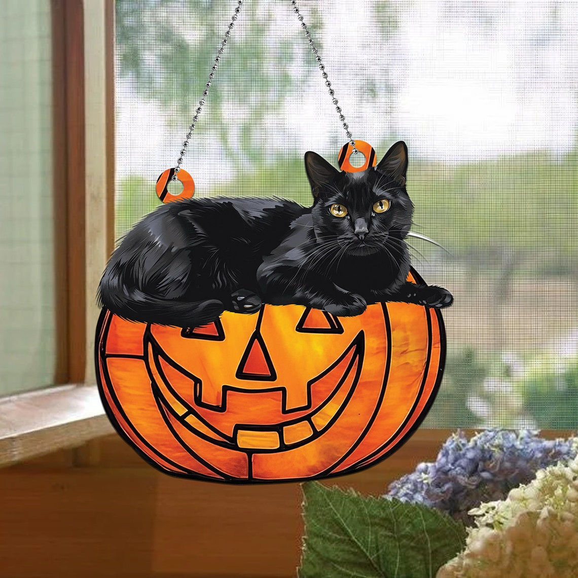 Black Cat Pumpkin Halloween Window Hanging Suncatcher, Cat Pumpkin Ornament Decor