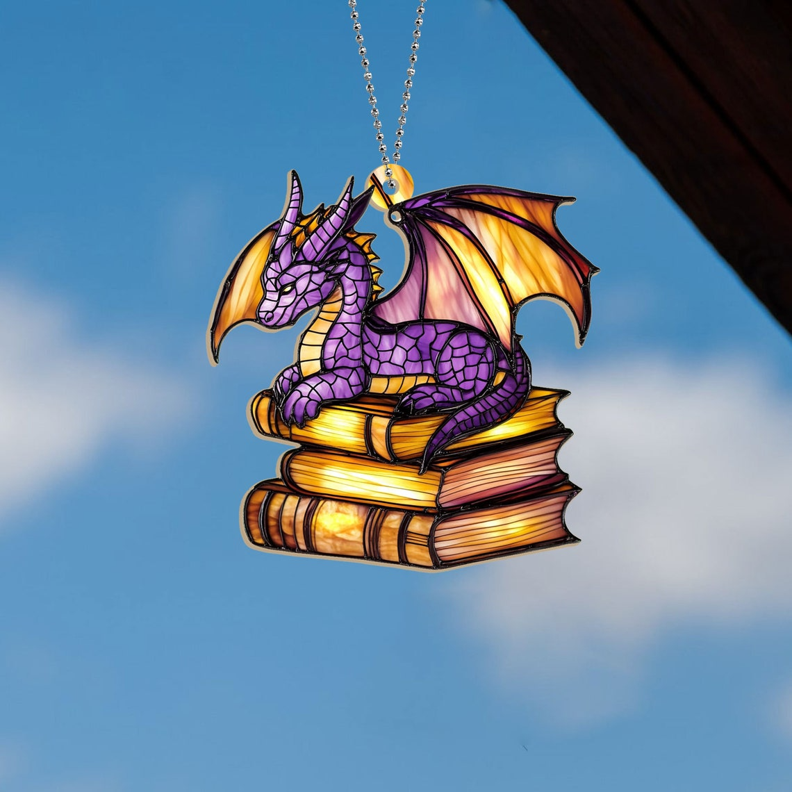 Book Dragon Purple Suncatcher Ornament, Fantasy Dragon Window Ornament