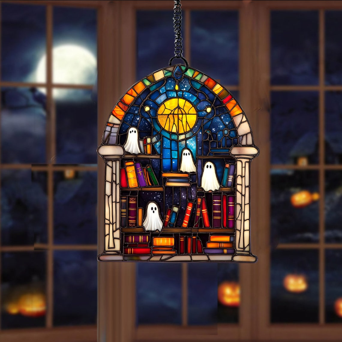 Cute Ghosts in Bookcase in the Library Suncatcher, Ghost Window Hanging Ornament