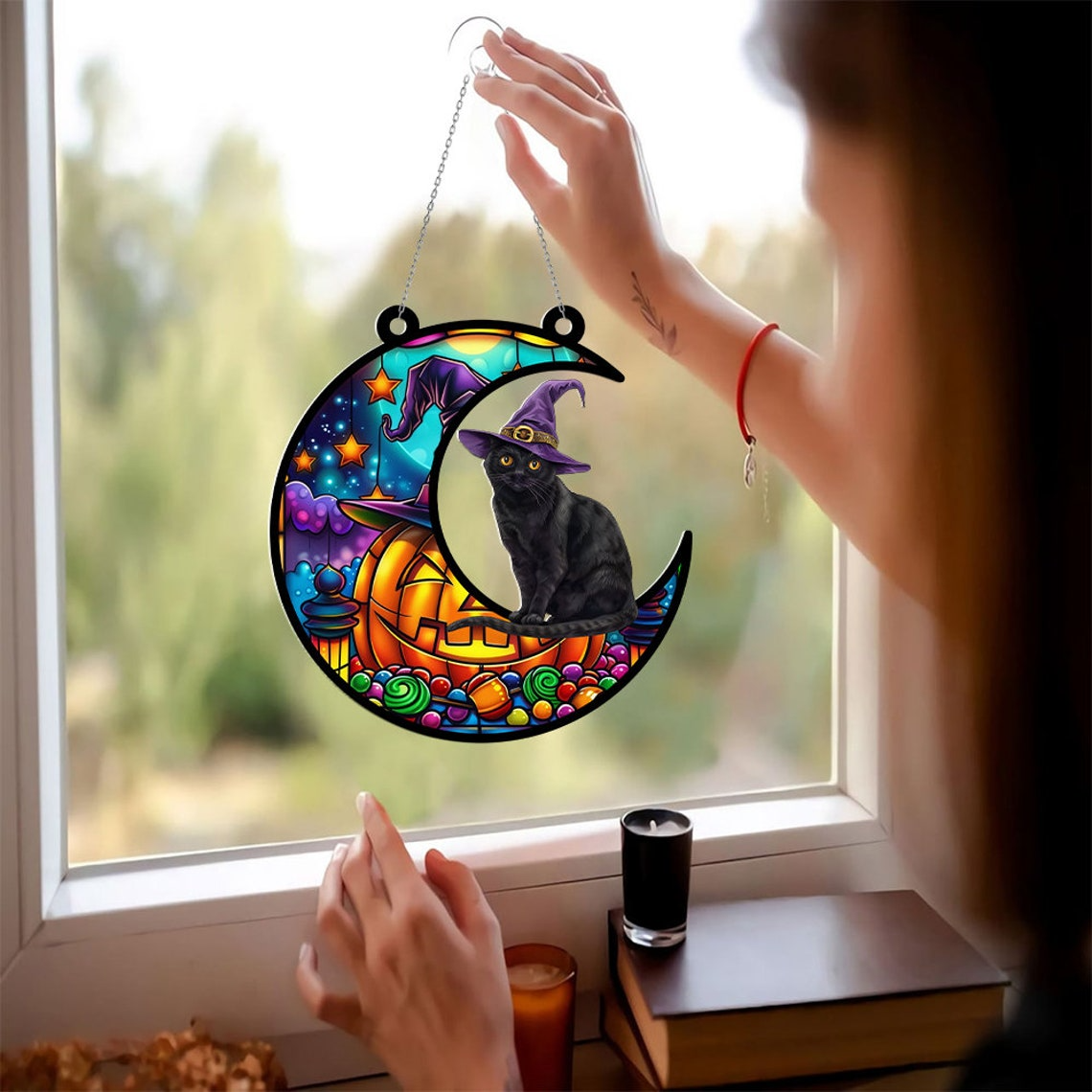 Cat Halloween Moon Pumpkin Hanging Suncatcher, Halloween Cat Pumpkin Ornament