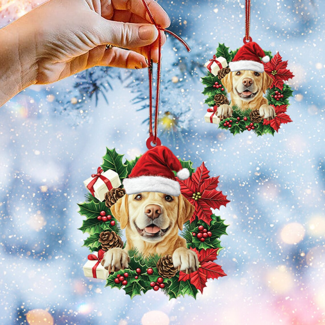 Labrador Retriever Dog Christmas Wreath Ornament, Christmas Labrador Retriever Dog Hanging Decor Ornament