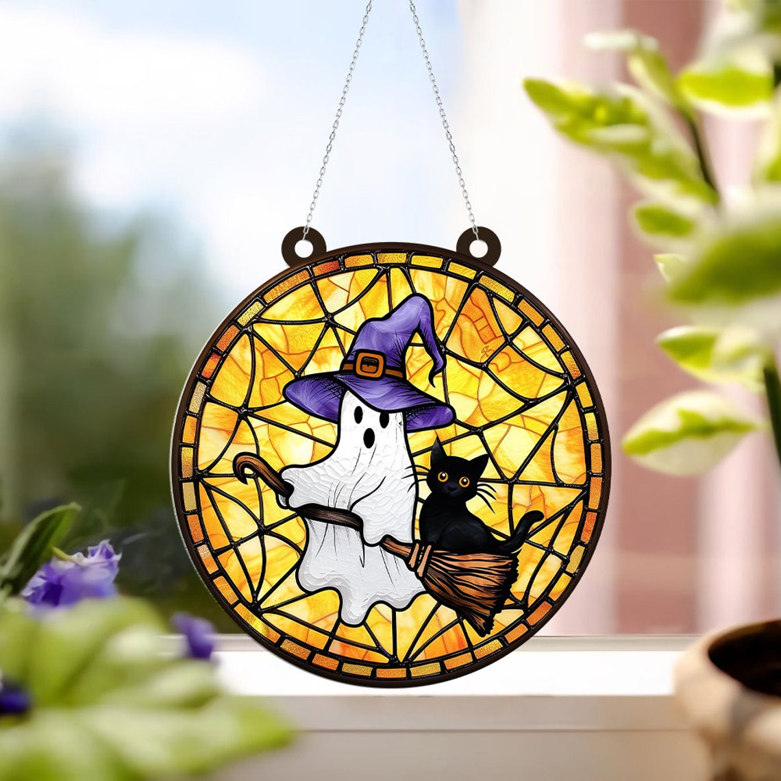 Cat Ghost Witchy Circle Hanging Suncatcher, Halloween Cat Boo Ornament Decor