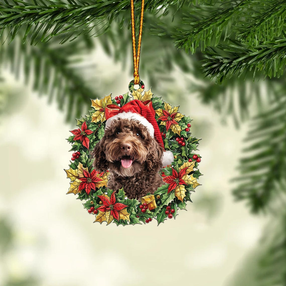 Labradoodle Christmas Wreath Ornament, Dog Hanging Ornament Lovers Decor Gift