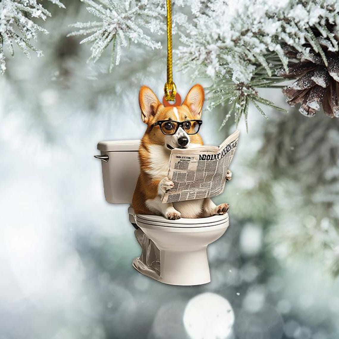 Pembroke Welsh Corgi Dog Sitting On Toilet Ornament, Corgi Dog Reading Newspaper Decor Gift