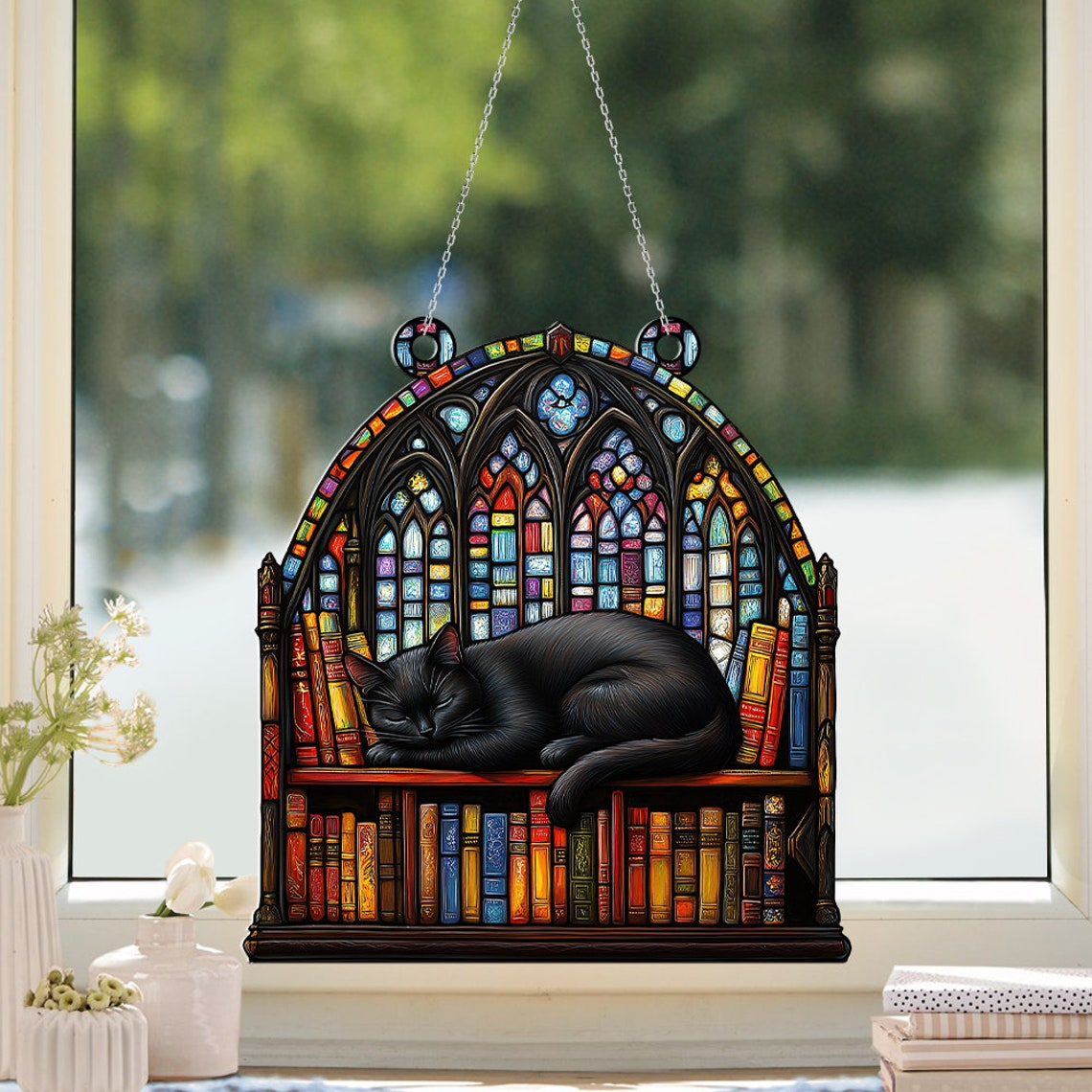 Cat Sleeping on Bookcase Suncatcher, Cat Sleeping on Books Hanging Window Decor