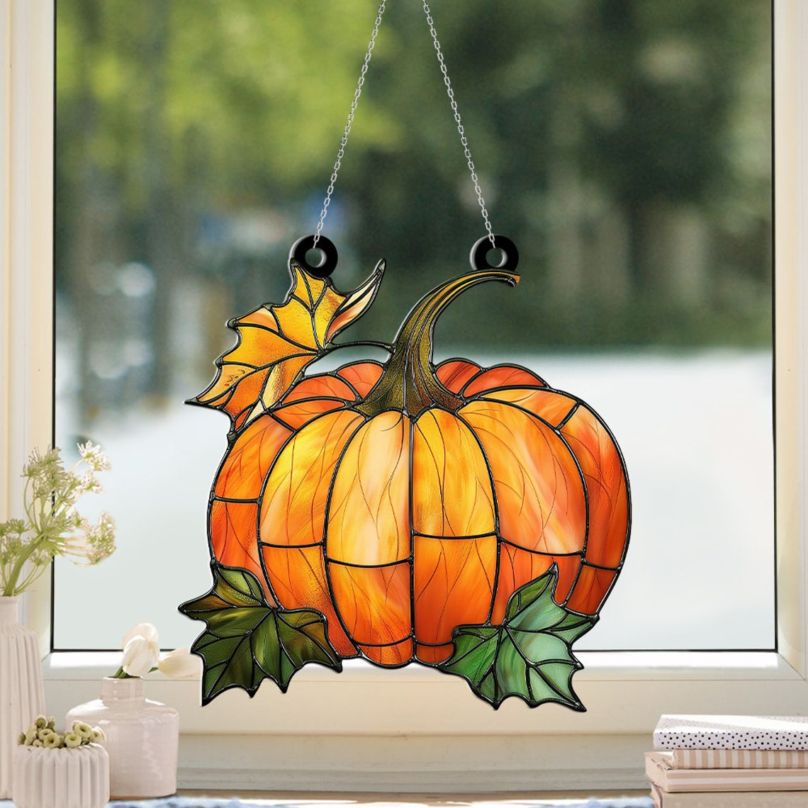 Pumpkin and Leaves Fall Suncatcher Ornament, Pumpkin Autumn Ornament