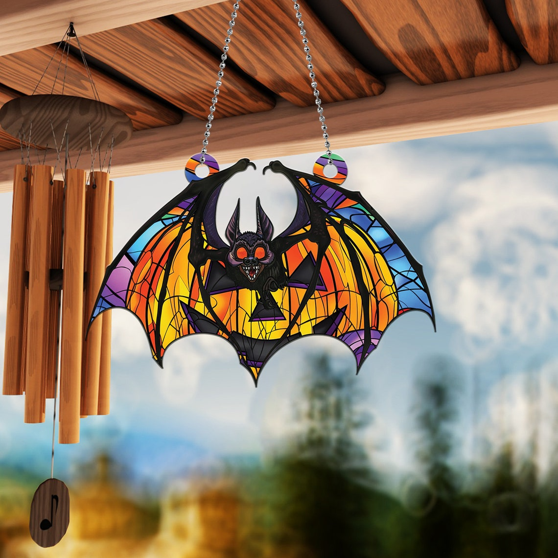 Bat Pumpkin Halloween Hanging Suncatcher Ornament, Halloween Bat Pumpkin Ornament Gift