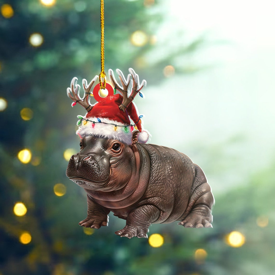 Cute Baby Hippo Moo Deng Flat Christmas Ornament, Pygmy Hippo Wearing Hat Santa Christmas Ornament