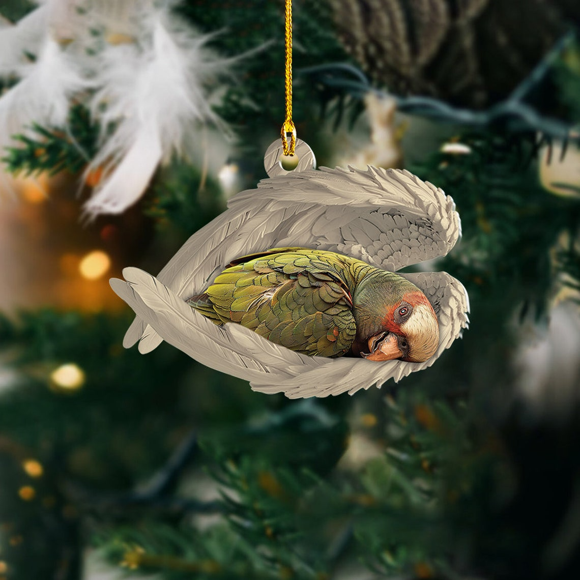 Green Cheek Conure Sleeping Christmas Ornament, Cute Bird Angel Wings Ornament Decor Gift