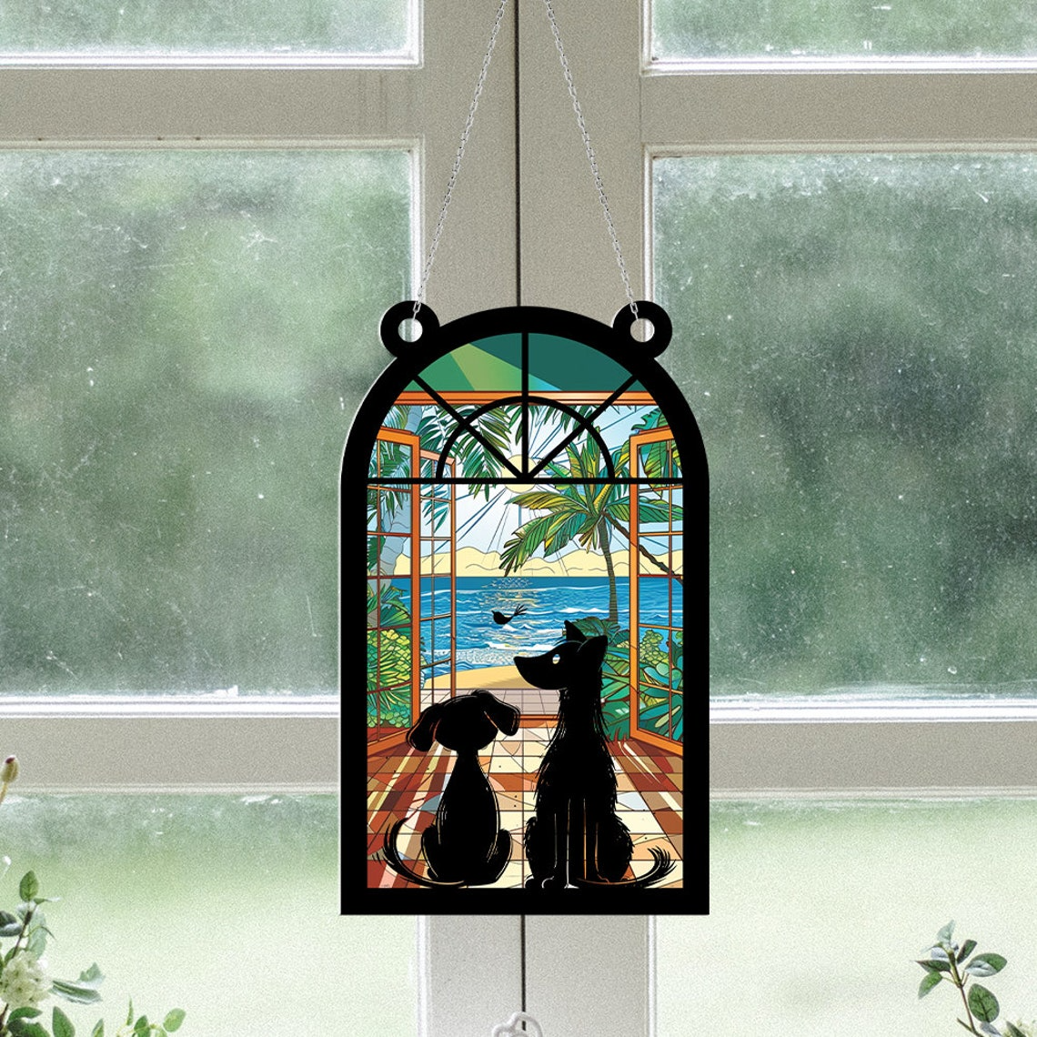 Cats and Dog Funny Suncatcher Ornament, Cats and Dog Window Hanging Ornament Decor