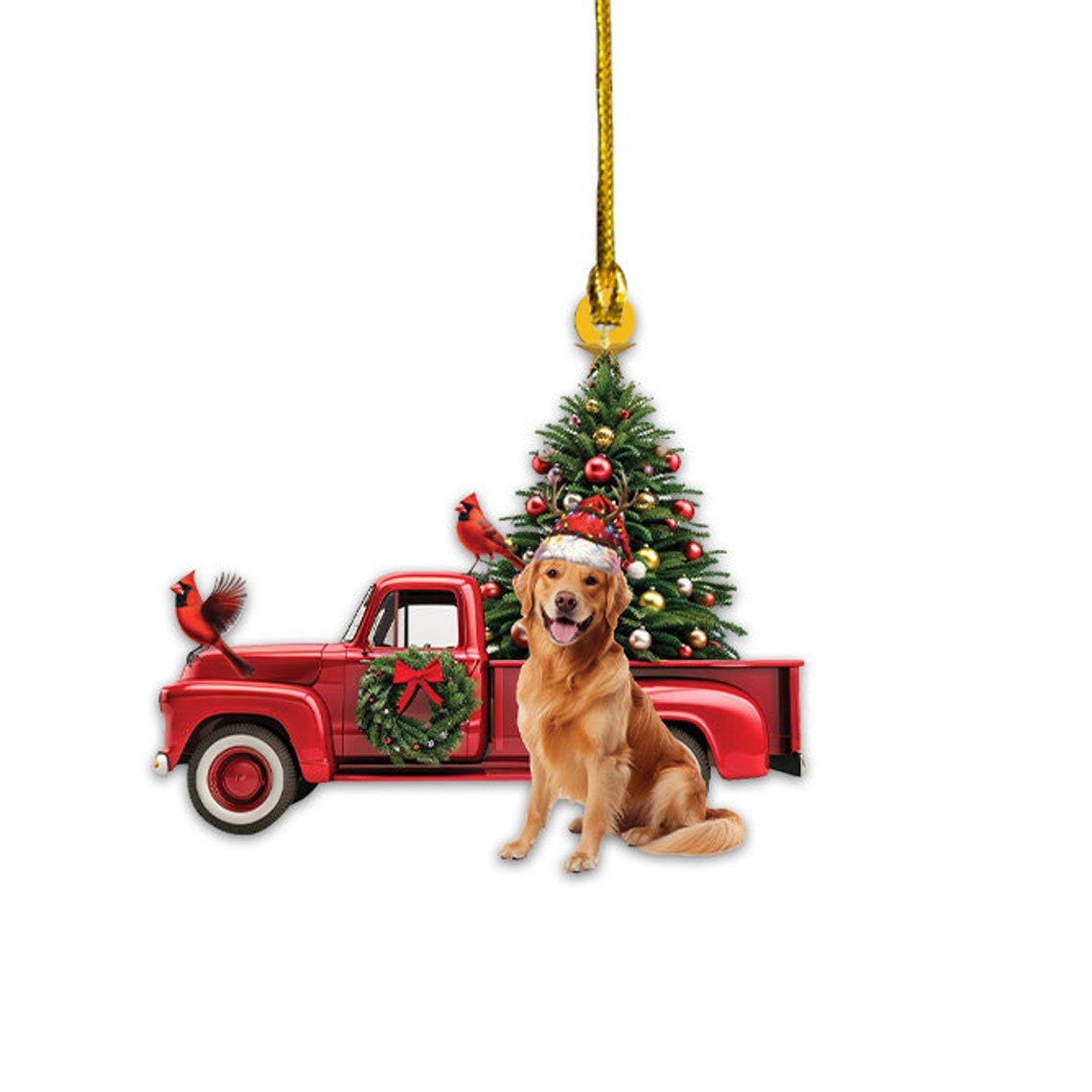 Golden Retriever Dog Red Truck Christmas Ornament, Retriever Dog Car Hanging Ornament Decor Gift