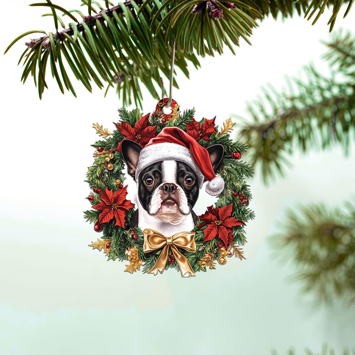 Boston Terrier Dog Christmas Wreath Ornament, Christmas Boston Terrier Tree Ornament Decro Gift