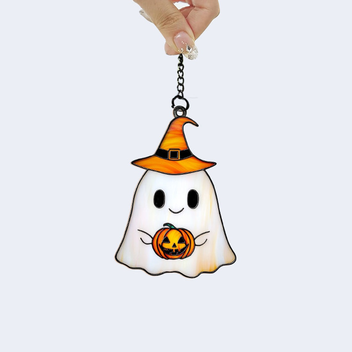 Cute Ghost with Pumpkin Halloween Suncatcher, Halloween Jack-o-lantern Ornament