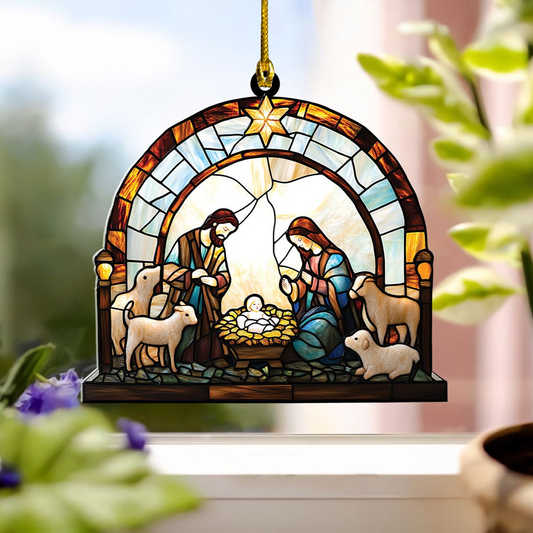 Family Jesus Nativity Scene Suncatcher, Christian Faith Window Suncatcher