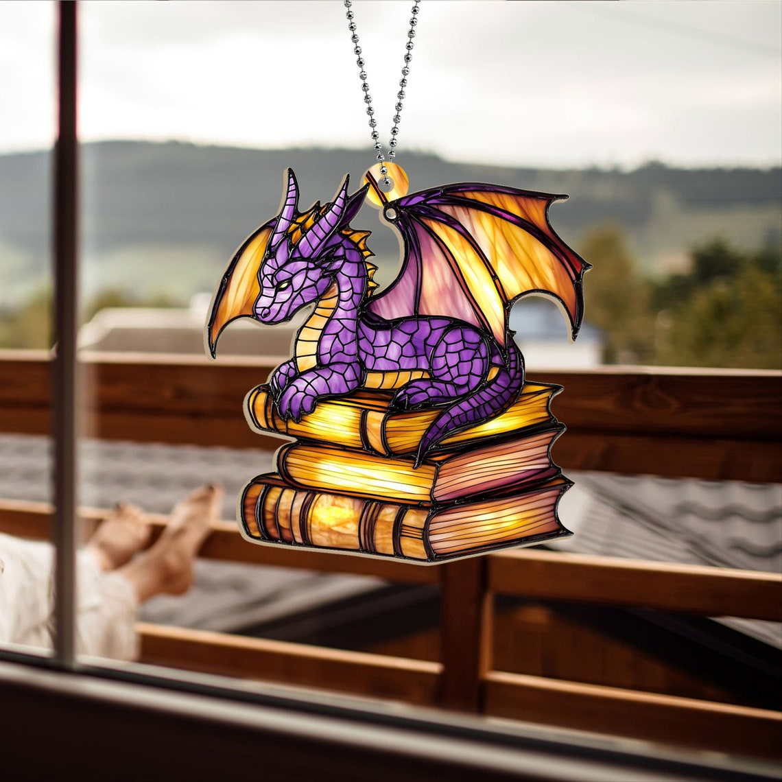 Book Dragon Purple Suncatcher Ornament, Fantasy Dragon Window Ornament