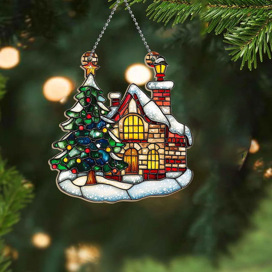 Christmas Tree with House Suncatcher, Christmas Tree with House Window Hanging Decor