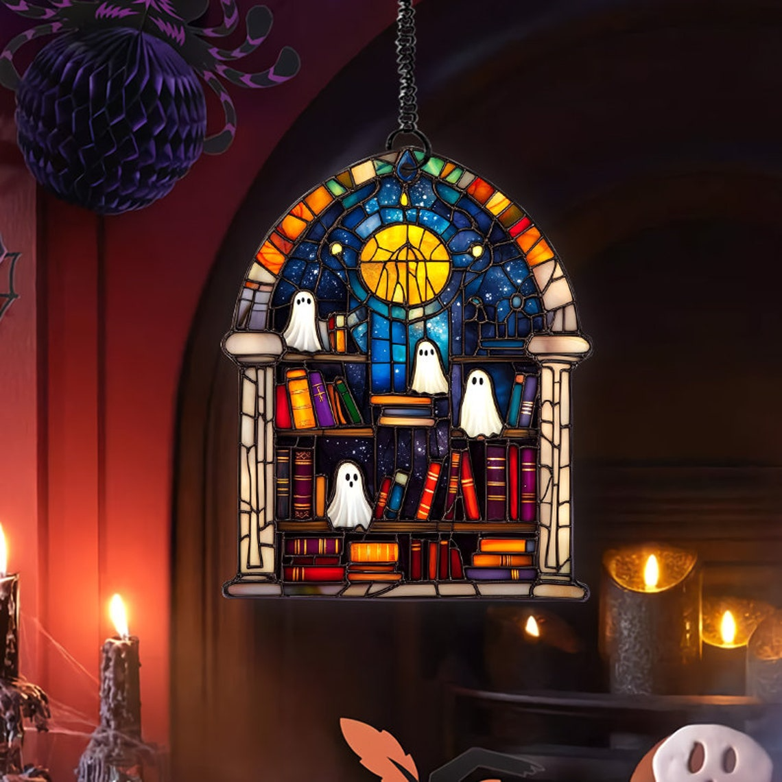 Cute Ghosts in Bookcase in the Library Suncatcher, Ghost Window Hanging Ornament