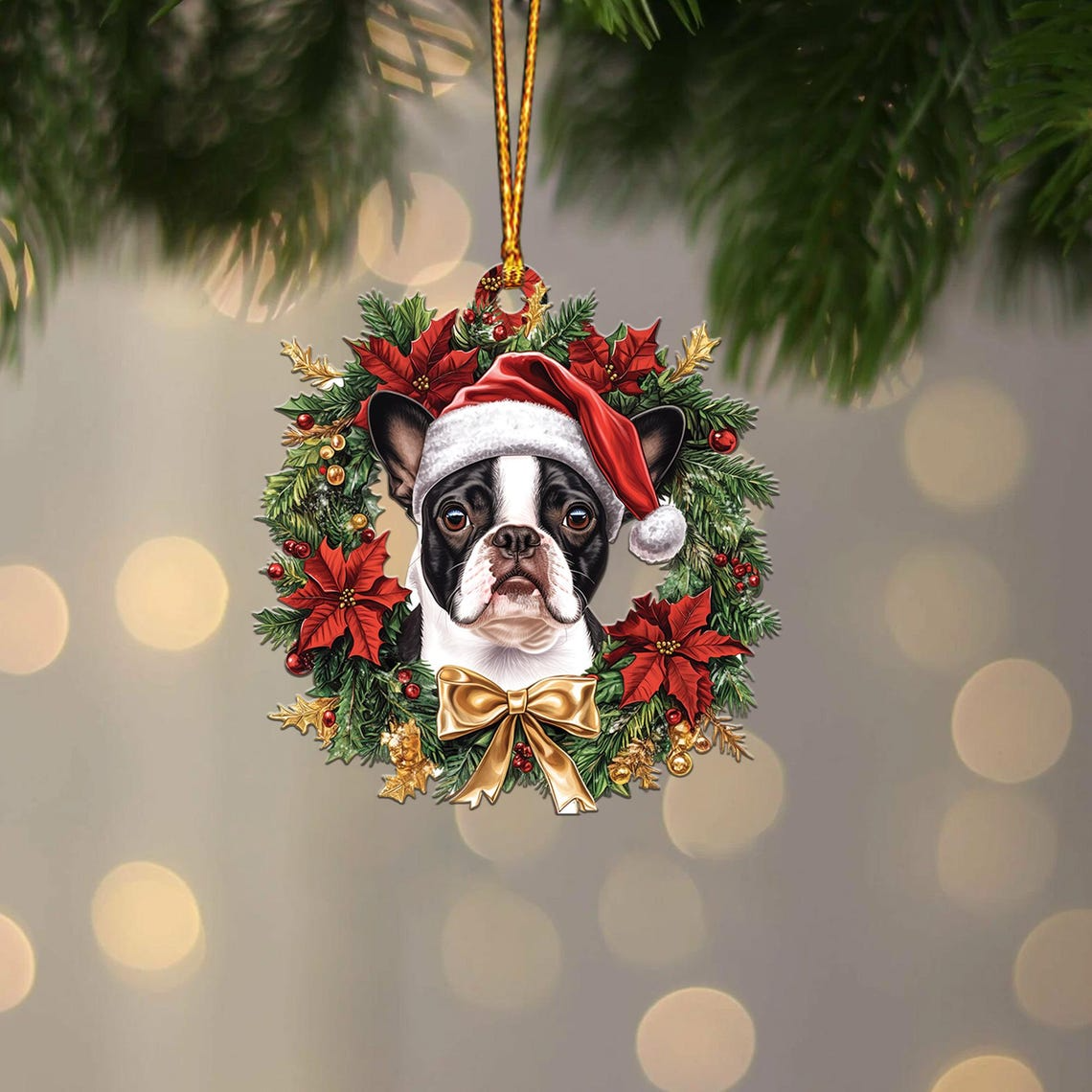 Boston Terrier Dog Christmas Wreath Ornament, Christmas Boston Terrier Tree Ornament Decro Gift