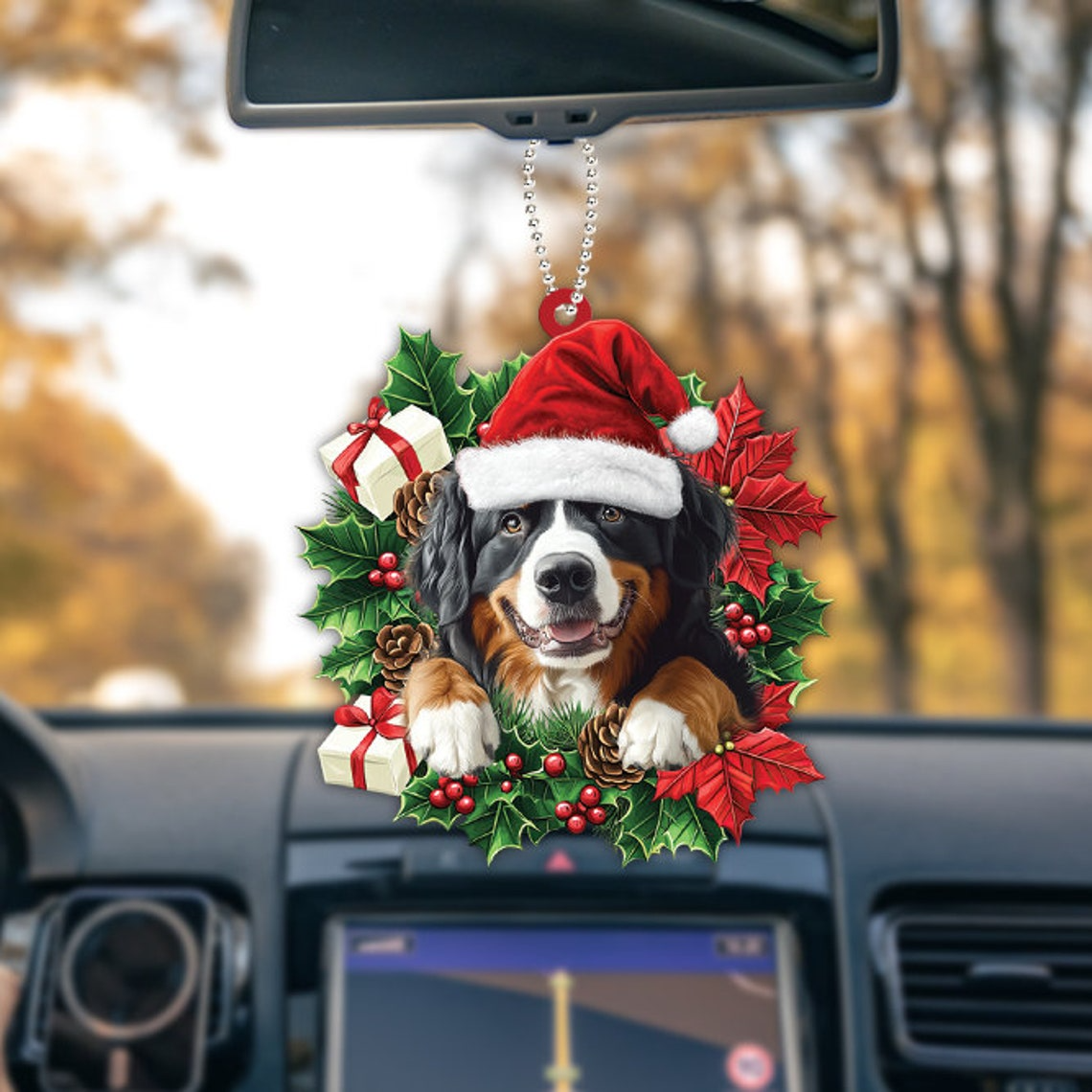 Bernese Mountain Dog Christmas Wreath Ornament, Cute Dog Hanging Christmas Ornament Decor Gift