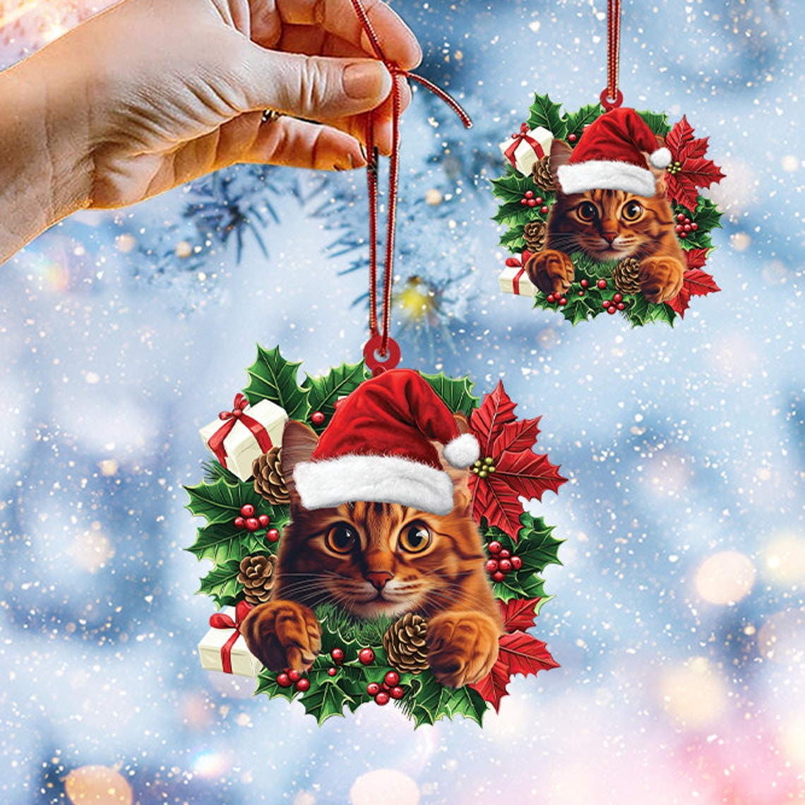 Somali Cat Hanging Christmas Wreath Ornament Decor, Somali Cat Christmas Ornament Holiday Gift