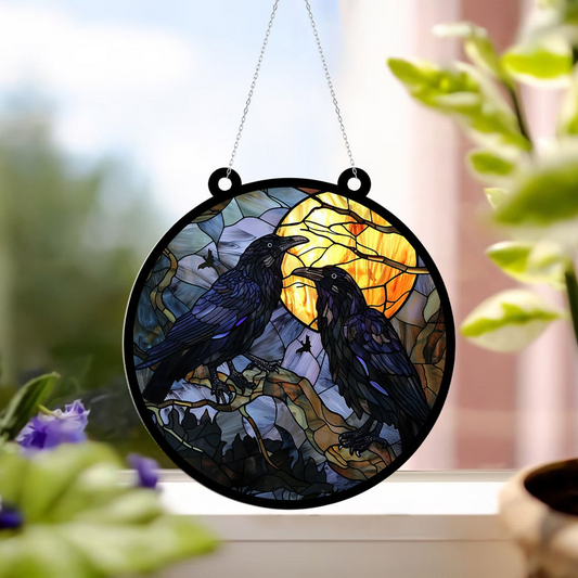 Tows Crow in the Moon Castle Suncatcher, Bird in the Night Hanging Ornament Decor Gift