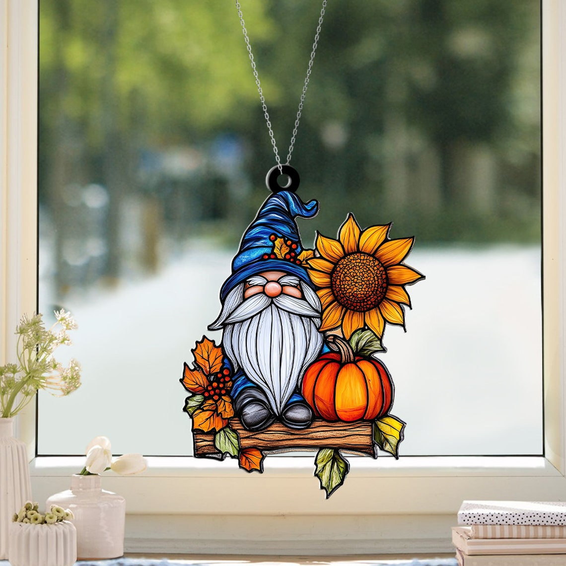 Gnome Sitting on a Pumpkin Log Suncatcher, Gnome Pumpkin Hanging Ornament Home Decor