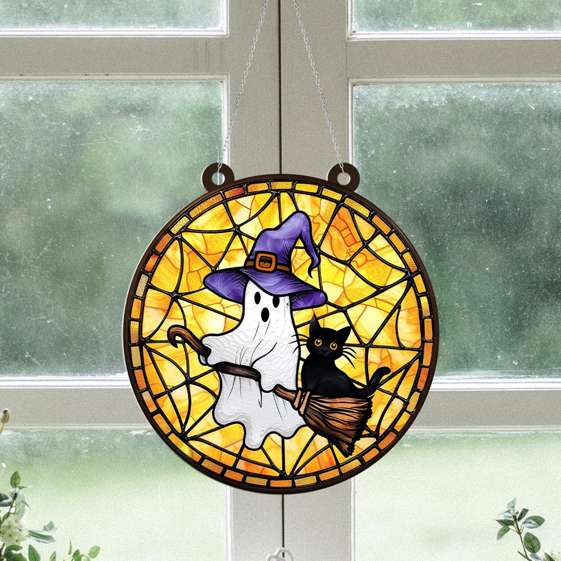 Cat Ghost Witchy Circle Hanging Suncatcher, Halloween Cat Boo Ornament Decor