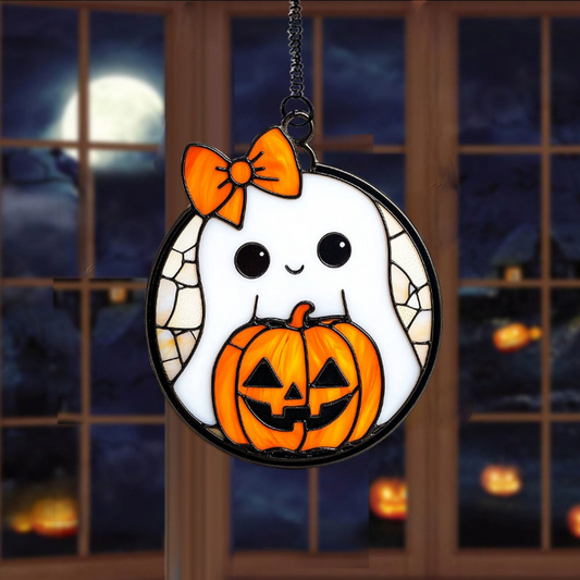 Cute Ghost Wearing Bow with Lantern Halloween Suncatcher, Cute Ghost Hanging Decor