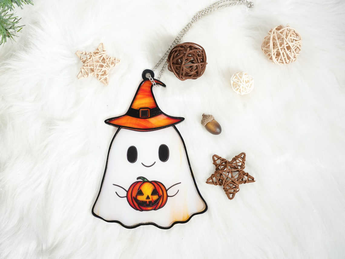 Cute Ghost with Pumpkin Halloween Suncatcher, Halloween Jack-o-lantern Ornament