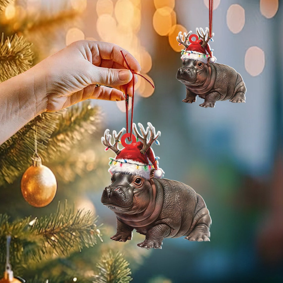 Cute Baby Hippo Moo Deng Flat Christmas Ornament, Pygmy Hippo Wearing Hat Santa Christmas Ornament