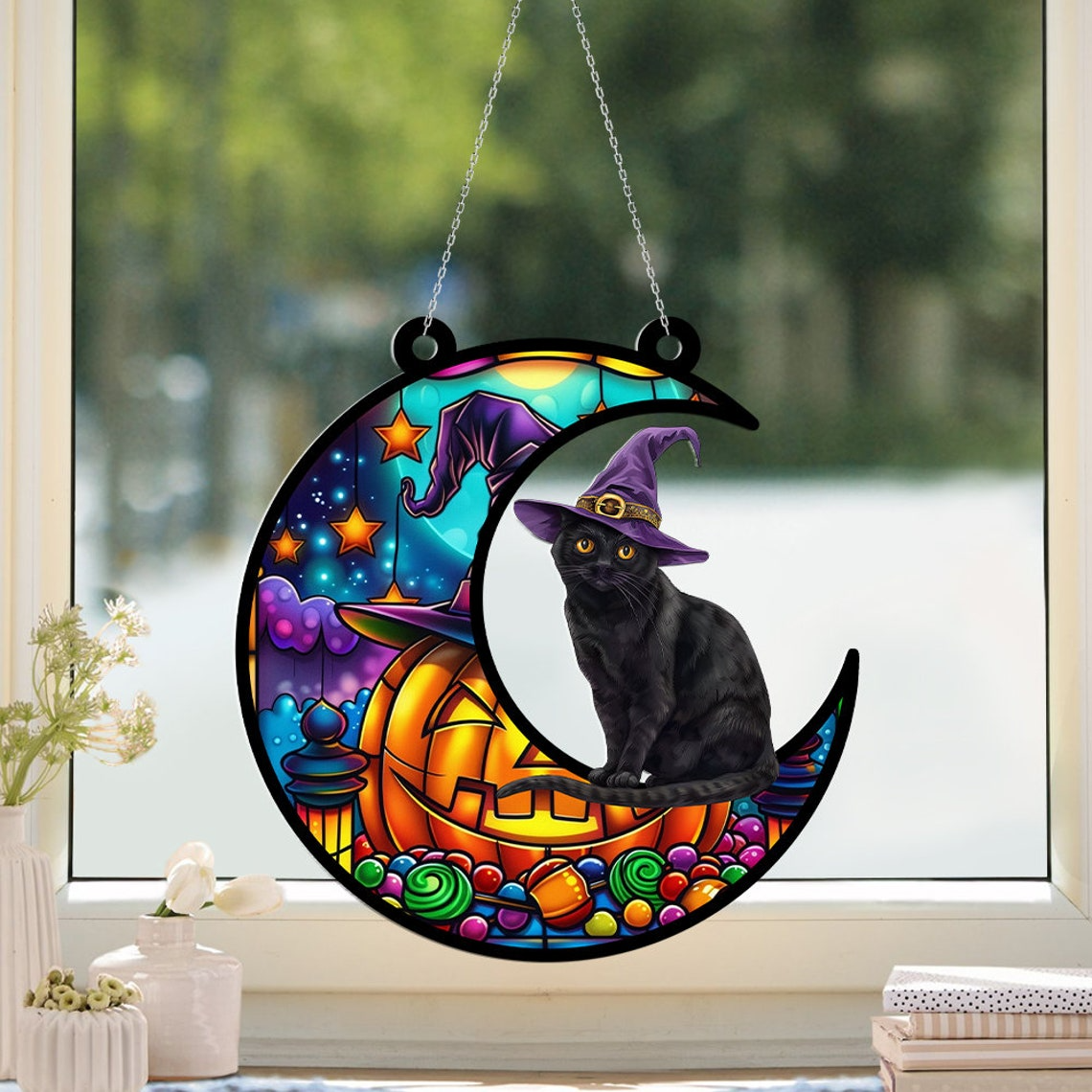 Cat Halloween Moon Pumpkin Hanging Suncatcher, Halloween Cat Pumpkin Ornament