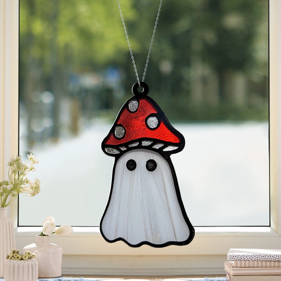 Cute Ghost With Mushroom Suncatcher, Halloween Vintage Ghost Ornament Decor