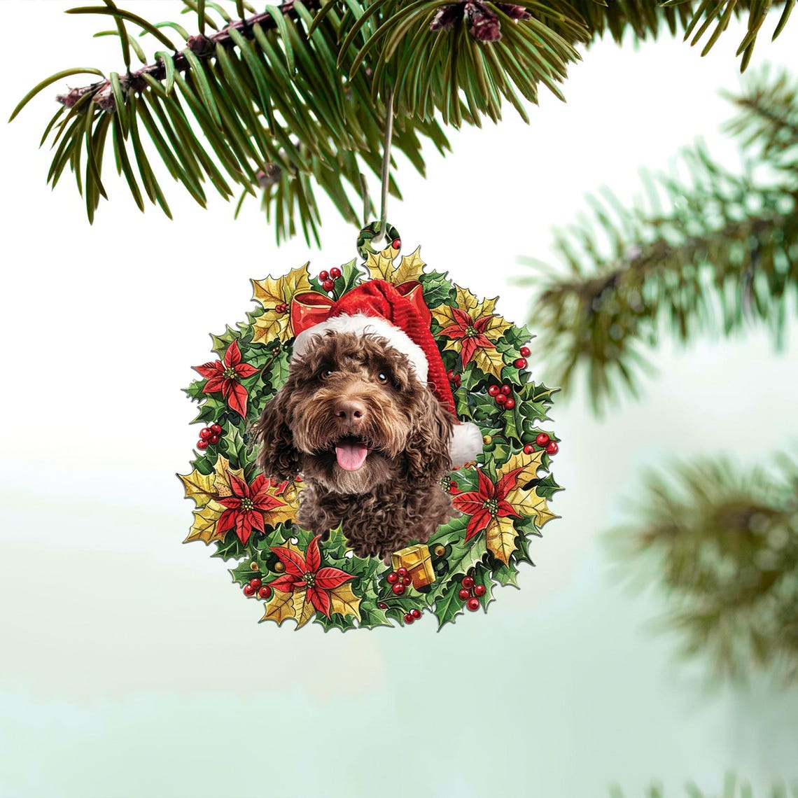 Labradoodle Christmas Wreath Ornament, Dog Hanging Ornament Lovers Decor Gift