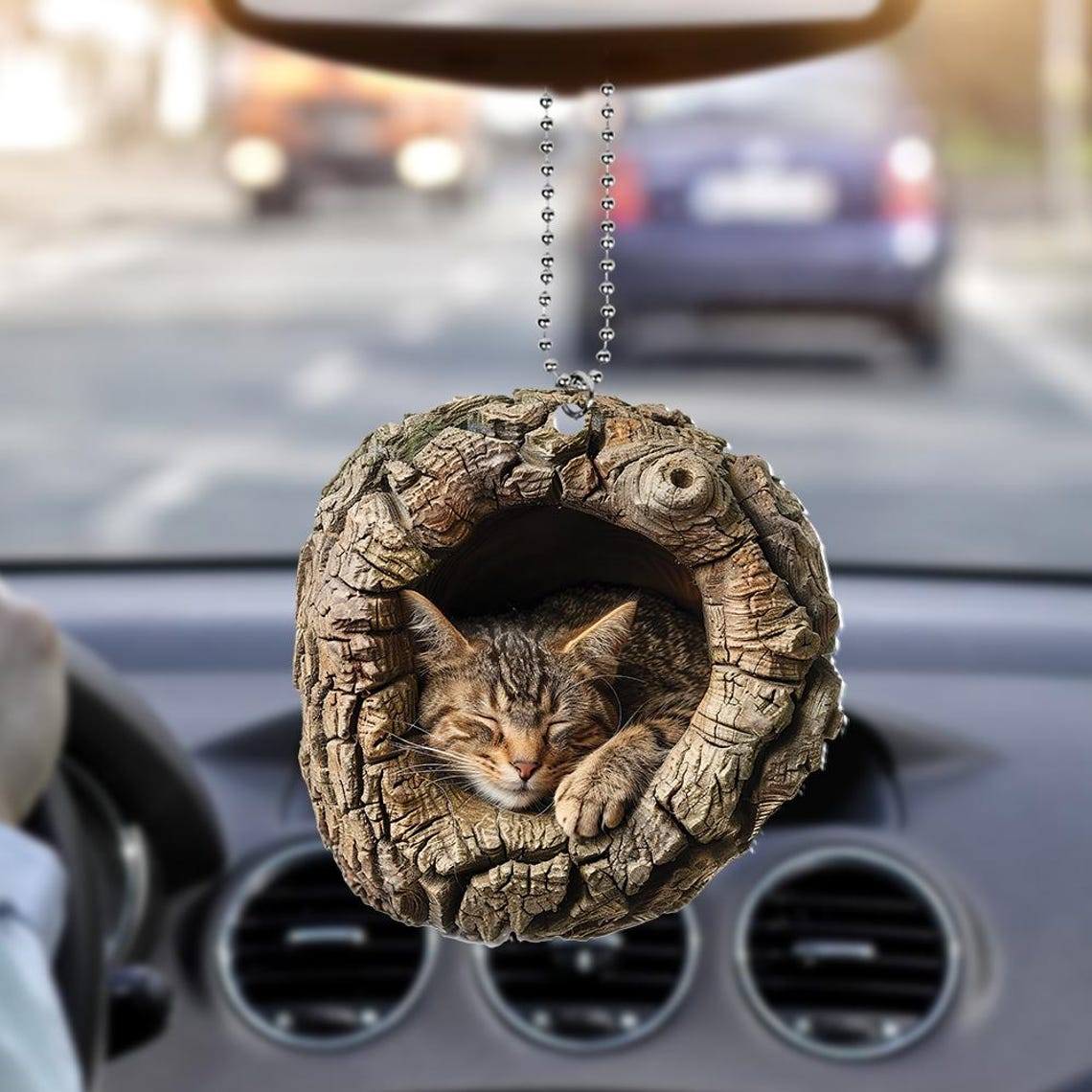 Cat Sleeping in a Hollow Tree Christmas Ornament, Cat Rearview Mirror Car Ornament