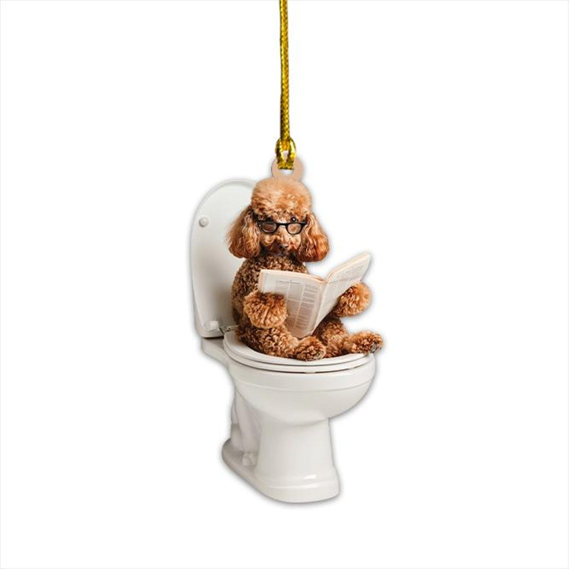 Funny Poodle Dog Sitting On Toilet Ornament, Poodle Dog Reading Newspaper Ornament Christmas